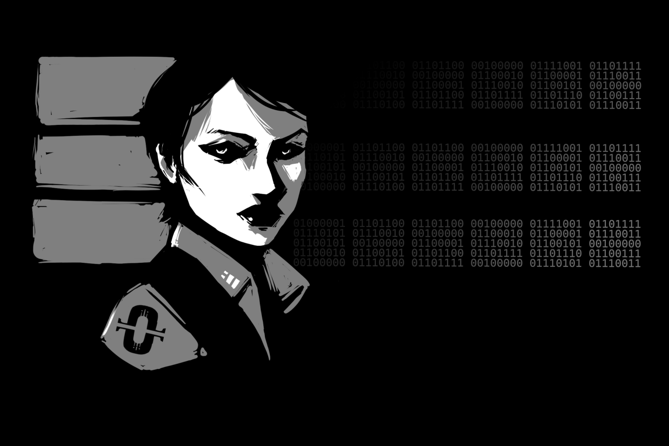 The Red Shift: a corporate handler rendered in stark black and white ink