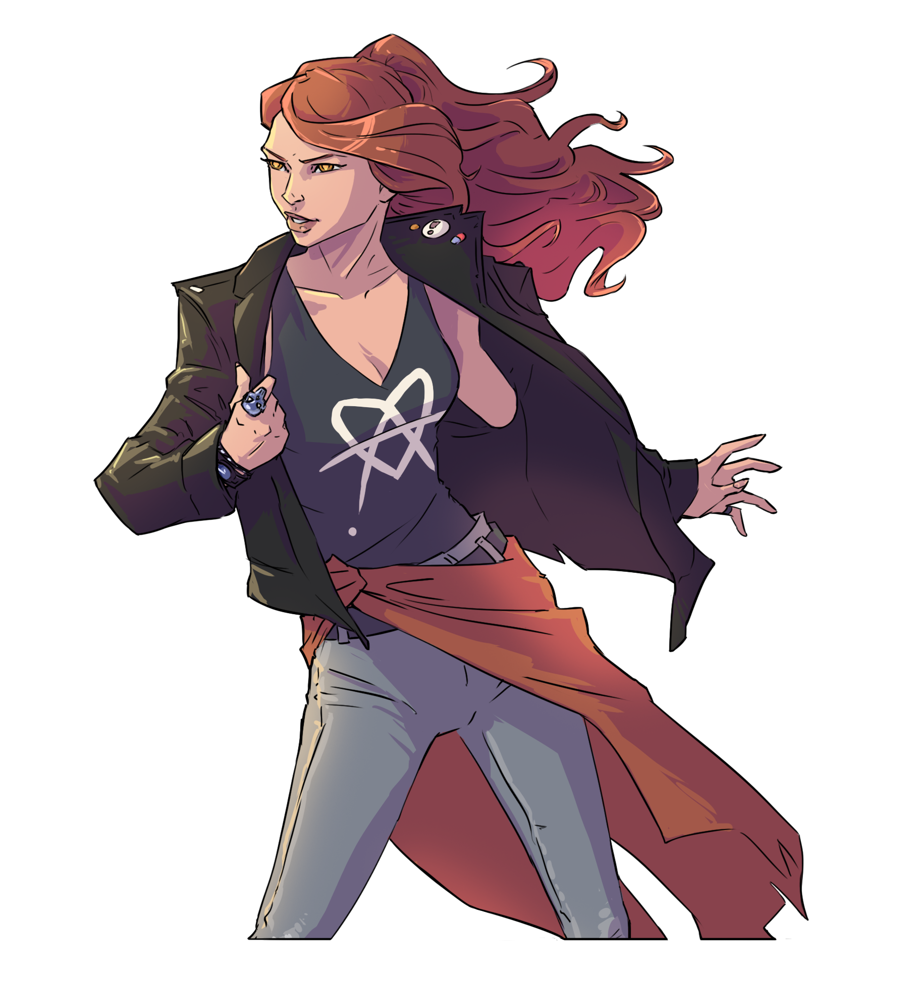 Maggie: a red-haired woman in a leather coat, mid-stride, eyes catching an unnatural light